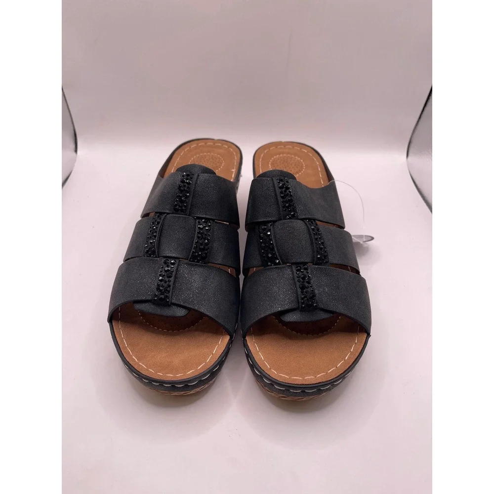 Good Choice Monte Black Embellished Wedge Slide Sandals Womens 7 Rhinestone